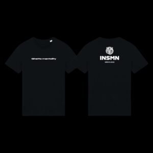 Μαύρη κοντομάνικη μπλούζα με στάμπα Ghetto Mentality μπροστά και λογότυπο INSMN.